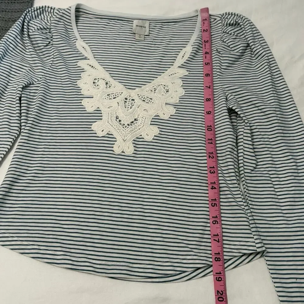 Anthropologie Maeve Striped Puff Sleeve Lace Top Size Small Nautical Coastal